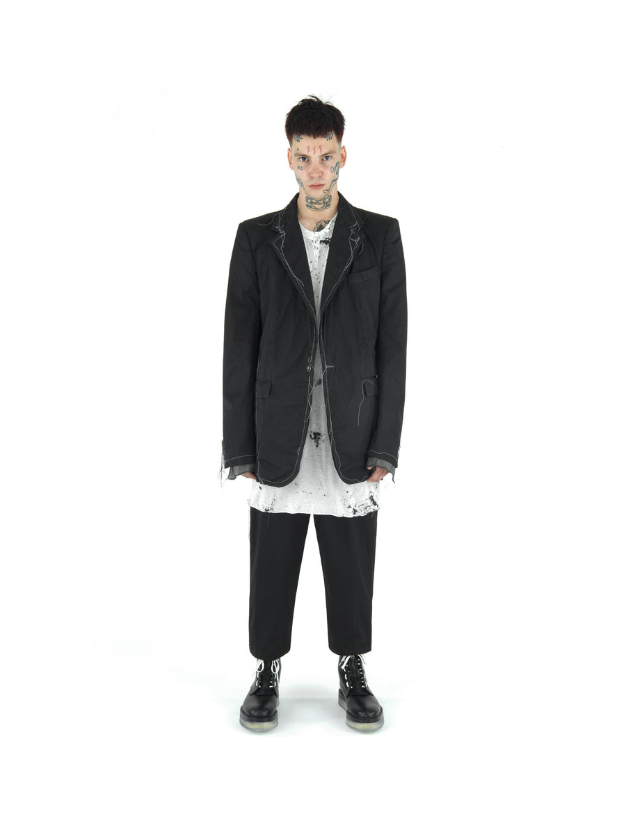 LE25 BOXY FIT DEMI-FINISHED HAND TAILORED GARMENT DYE COTTON SATEEN BLAZER — BLACK