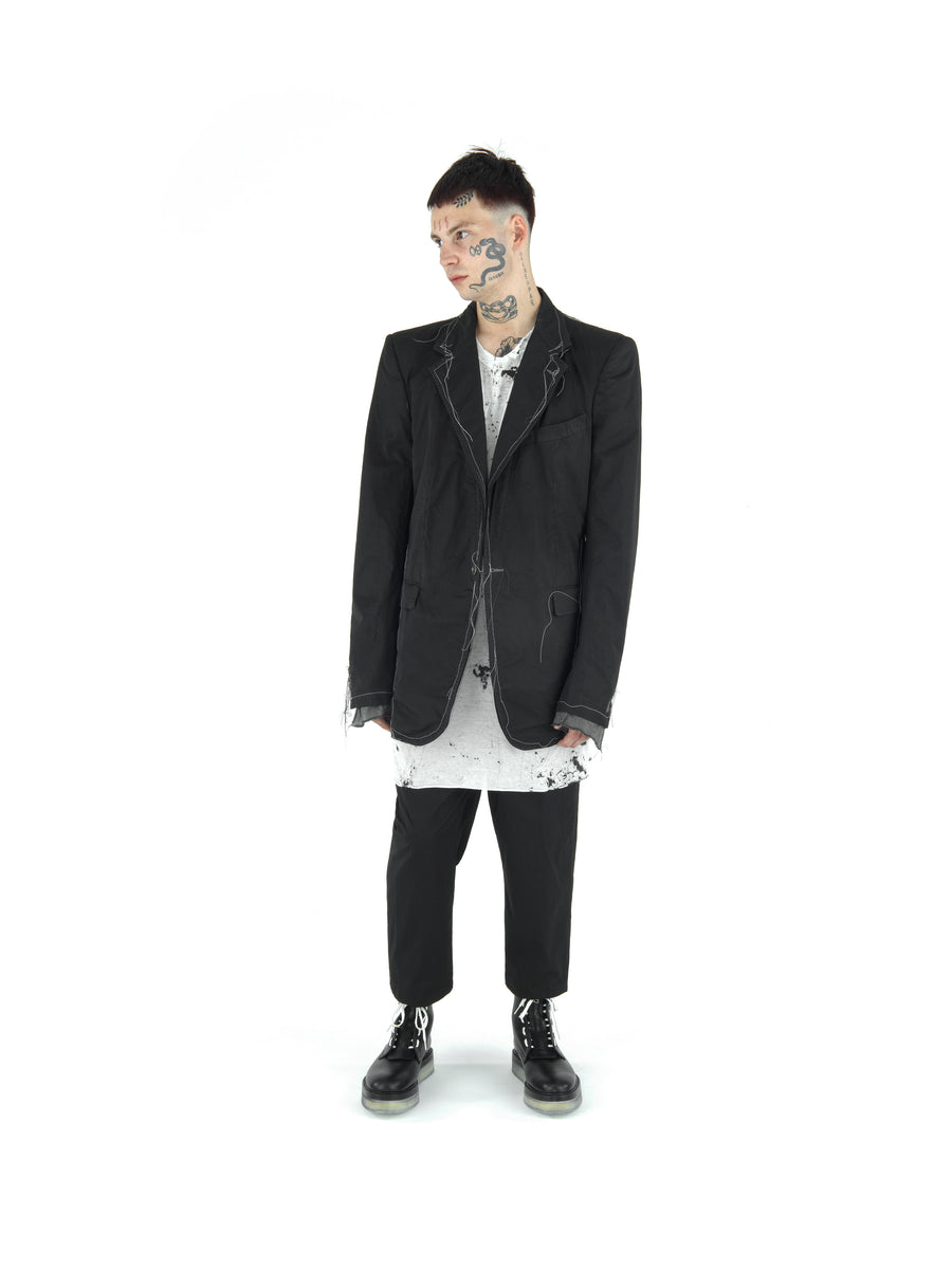 LE25 BOXY FIT DEMI-FINISHED HAND TAILORED GARMENT DYE COTTON SATEEN BLAZER — BLACK