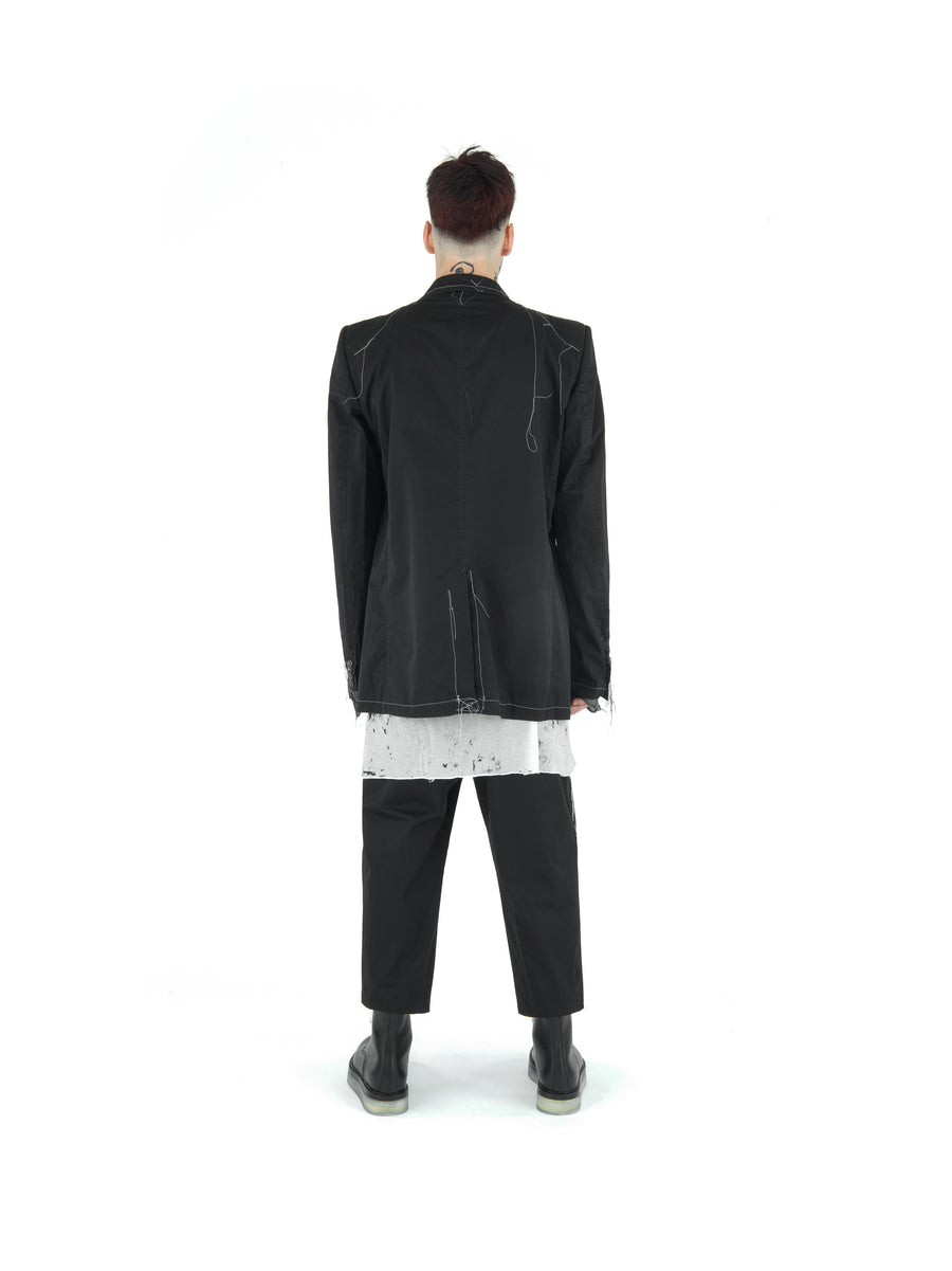 LE25 BOXY FIT DEMI-FINISHED HAND TAILORED GARMENT DYE COTTON SATEEN BLAZER — BLACK