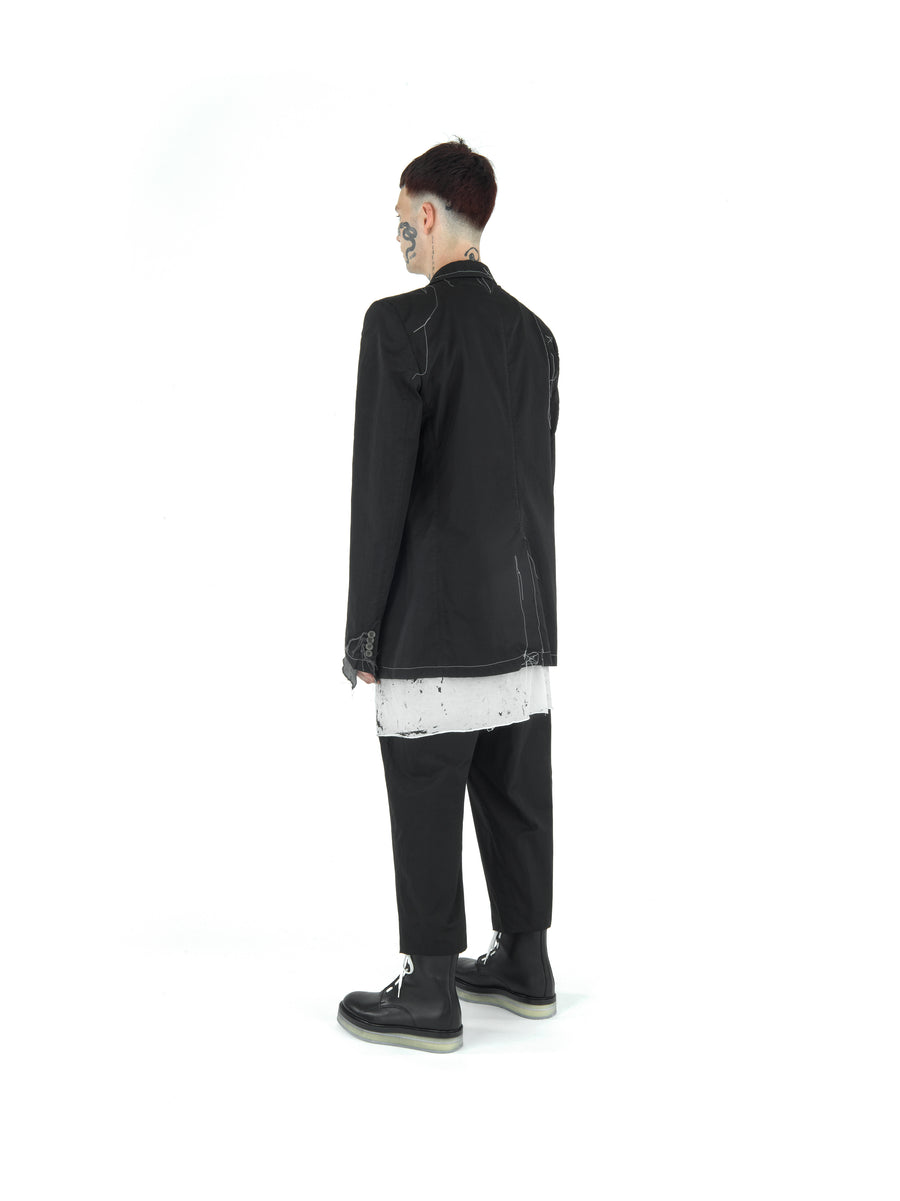 LE25 BOXY FIT DEMI-FINISHED HAND TAILORED GARMENT DYE COTTON SATEEN BLAZER — BLACK
