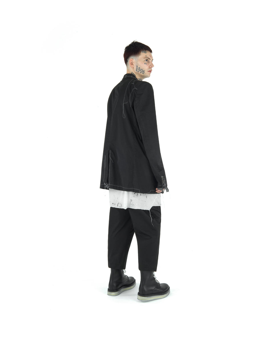 LE25 BOXY FIT DEMI-FINISHED HAND TAILORED GARMENT DYE COTTON SATEEN BLAZER — BLACK
