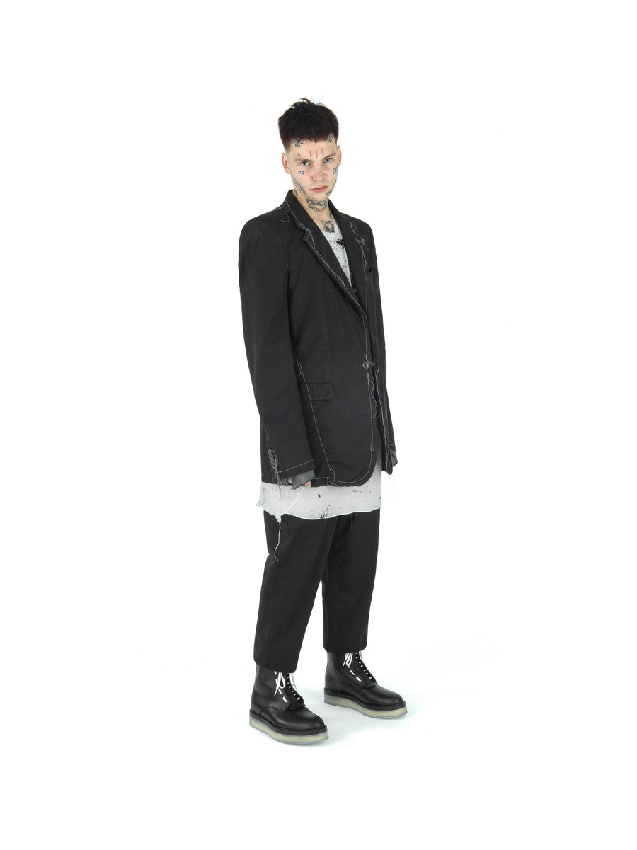 LE25 BOXY FIT DEMI-FINISHED HAND TAILORED GARMENT DYE COTTON SATEEN BLAZER — BLACK