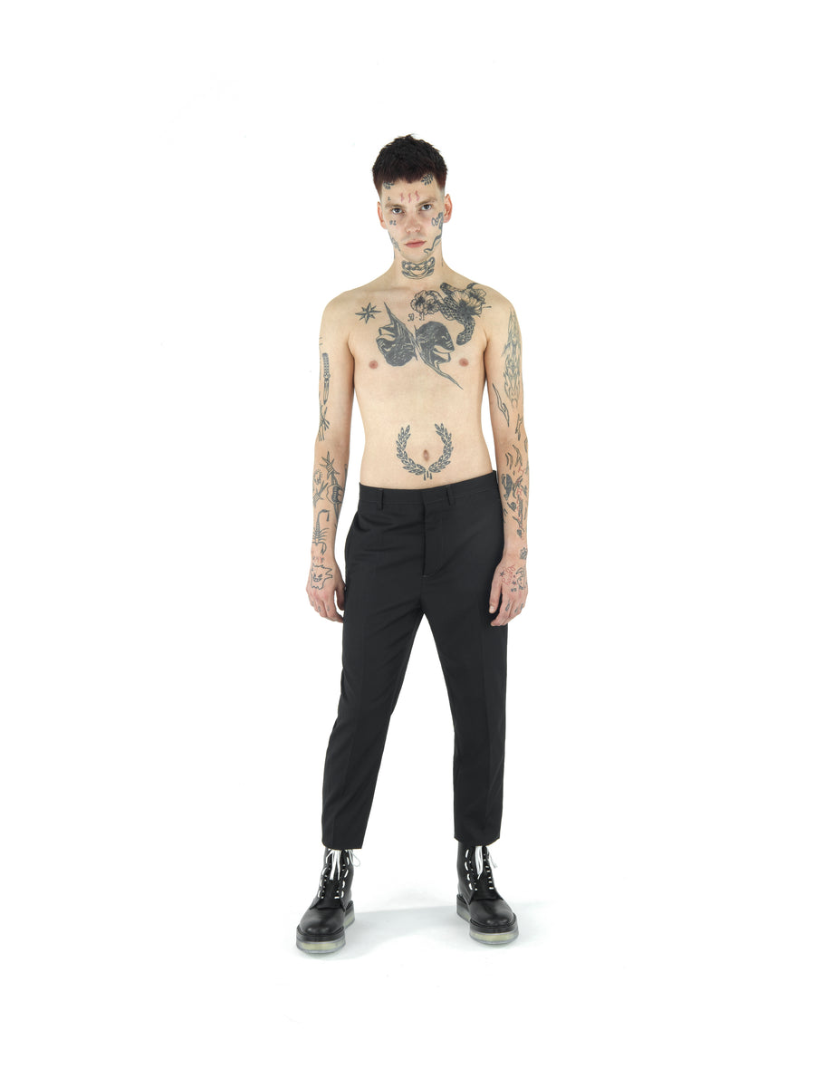 REGULAR FIT DEMI-FINISHED HAND TAILORED TROUSER IN WOOL AND RECYCLED POLYESTER TECHNO GABARDINE — BLACK