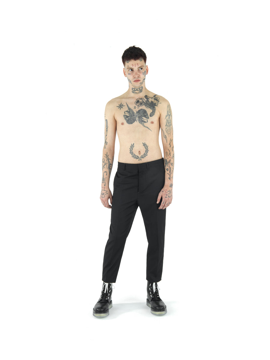 REGULAR FIT DEMI-FINISHED HAND TAILORED TROUSER IN WOOL AND RECYCLED POLYESTER TECHNO GABARDINE — BLACK