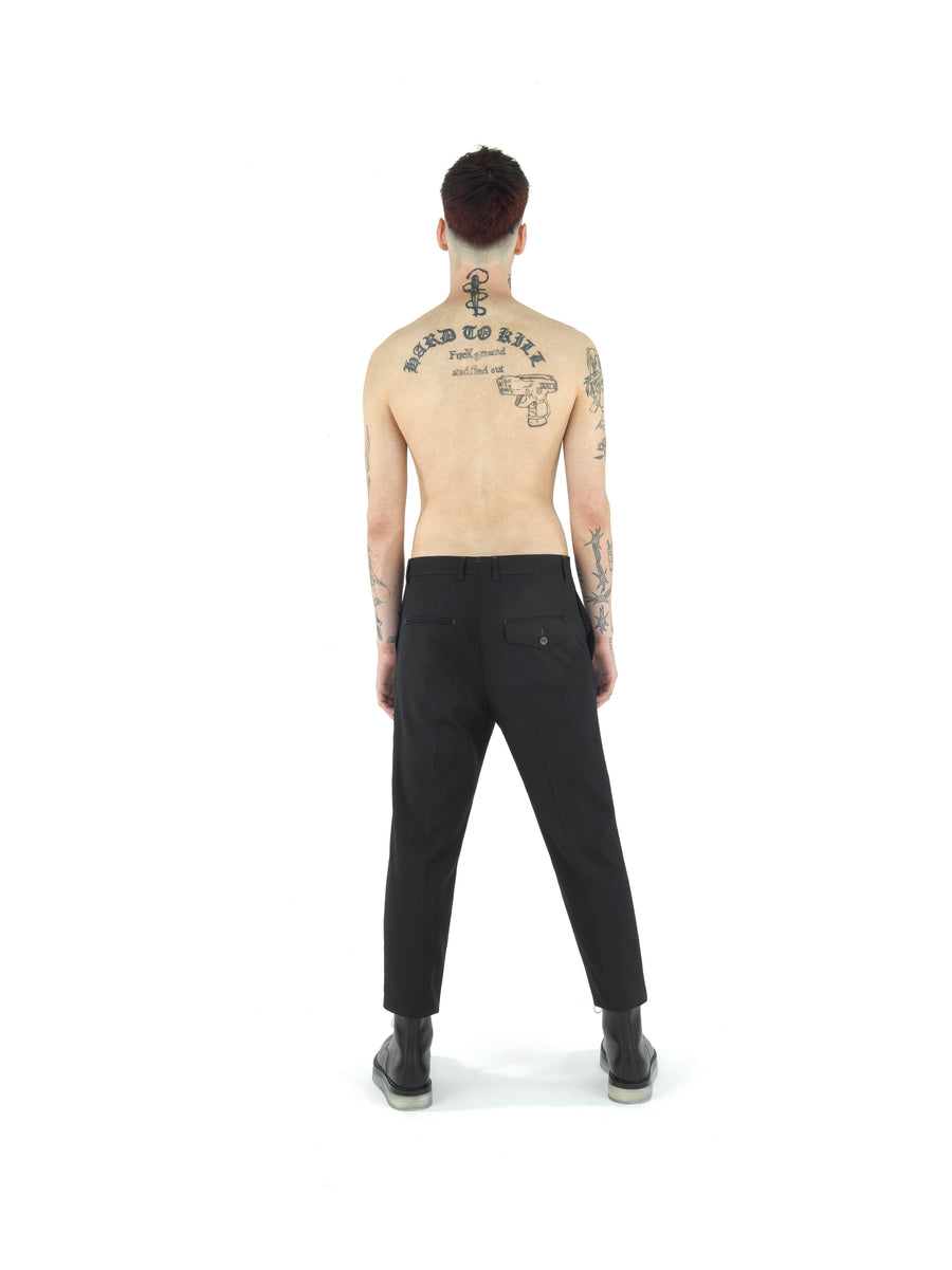 REGULAR FIT DEMI-FINISHED HAND TAILORED TROUSER IN WOOL AND RECYCLED POLYESTER TECHNO GABARDINE — BLACK