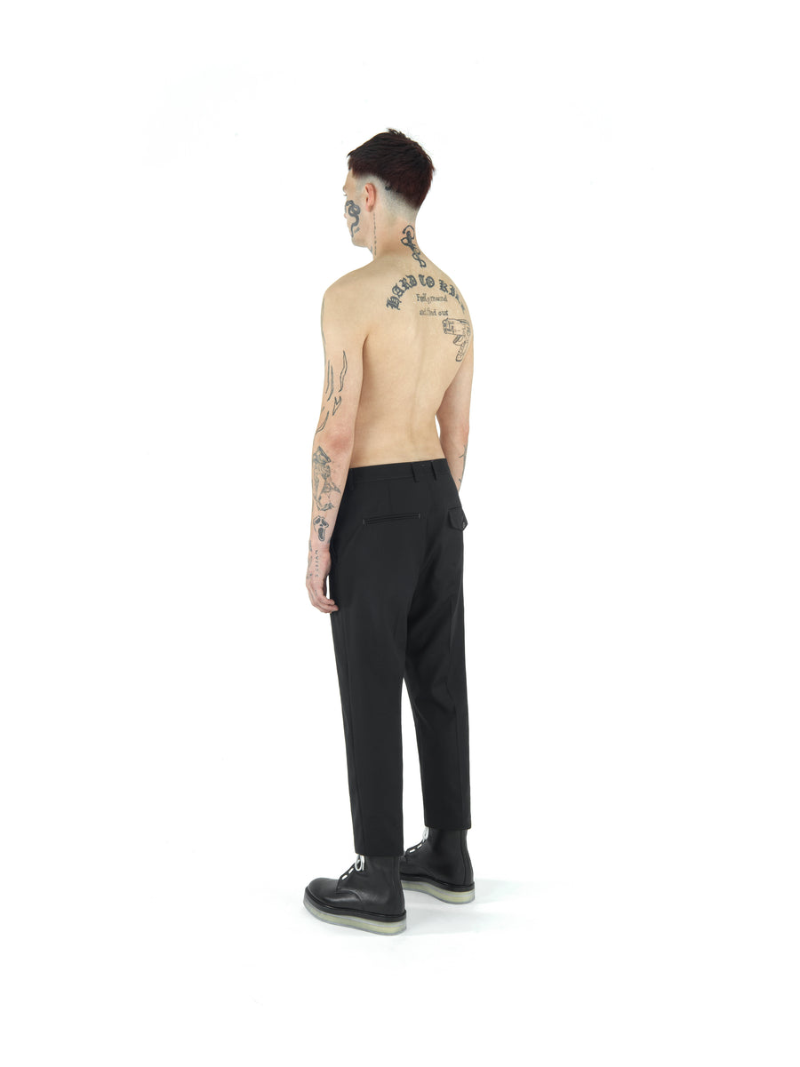 REGULAR FIT DEMI-FINISHED HAND TAILORED TROUSER IN WOOL AND RECYCLED POLYESTER TECHNO GABARDINE — BLACK