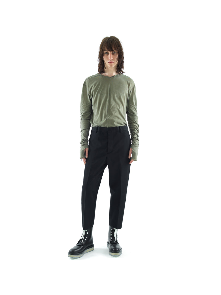 SHIFTED SEAM LONG SLEEVED T-SHIRT IN TORSION JERSEY COTTON VOILE — MOSS