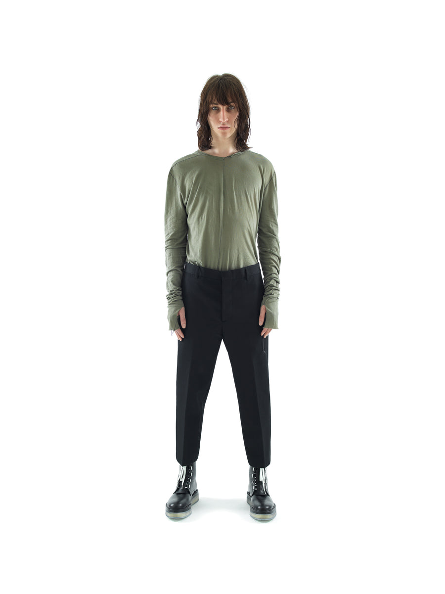 SHIFTED SEAM LONG SLEEVED T-SHIRT IN TORSION JERSEY COTTON VOILE — MOSS