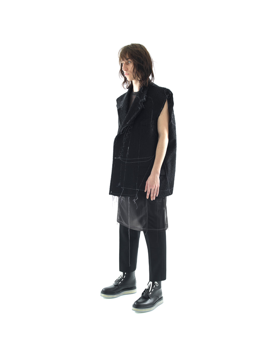 DEMI-FINISHED HAND TAILORED WOOL AND MOHAIR CROP SLEEVELESS COAT — BLACK