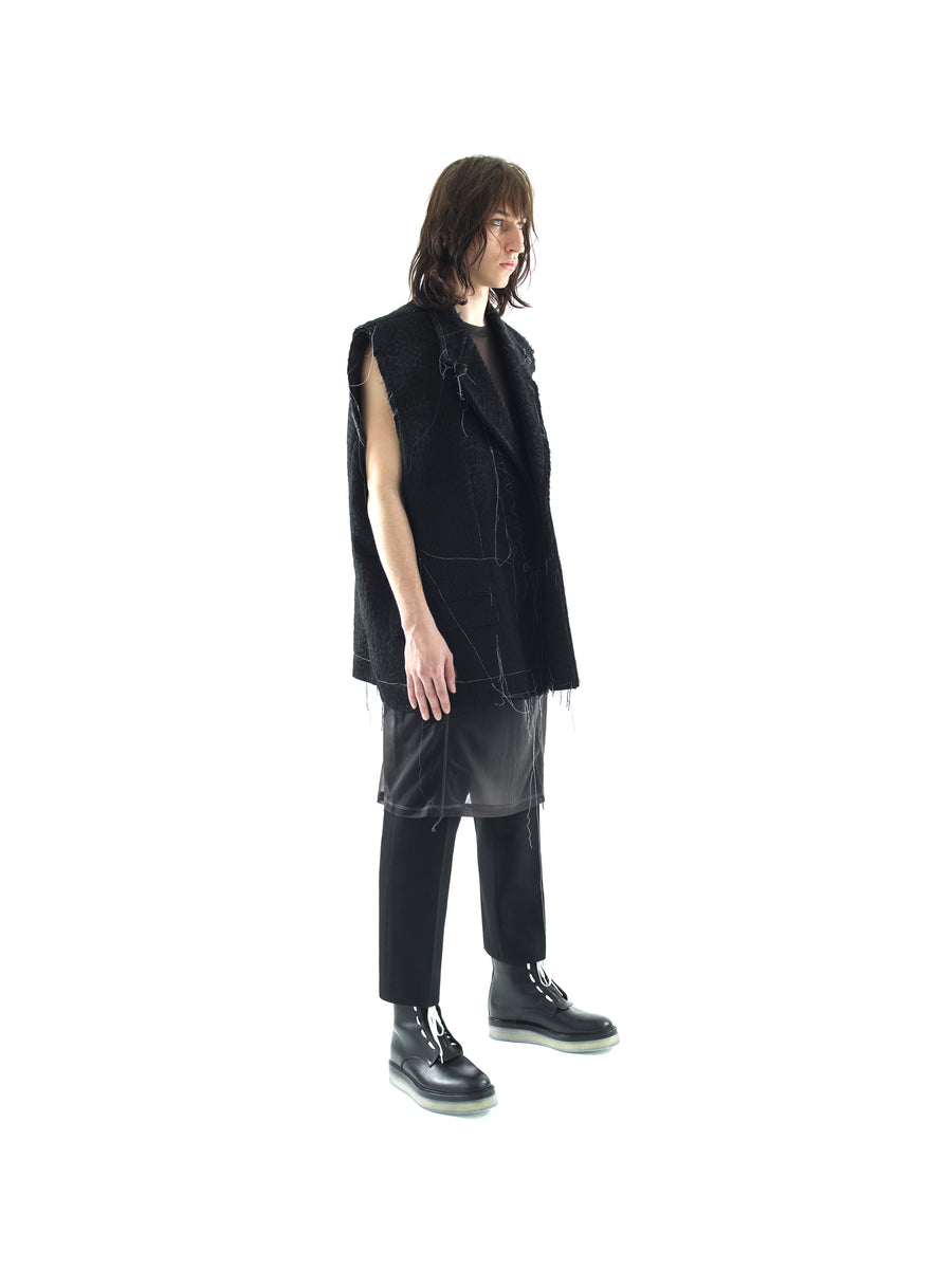 DEMI-FINISHED HAND TAILORED WOOL AND MOHAIR CROP SLEEVELESS COAT — BLACK