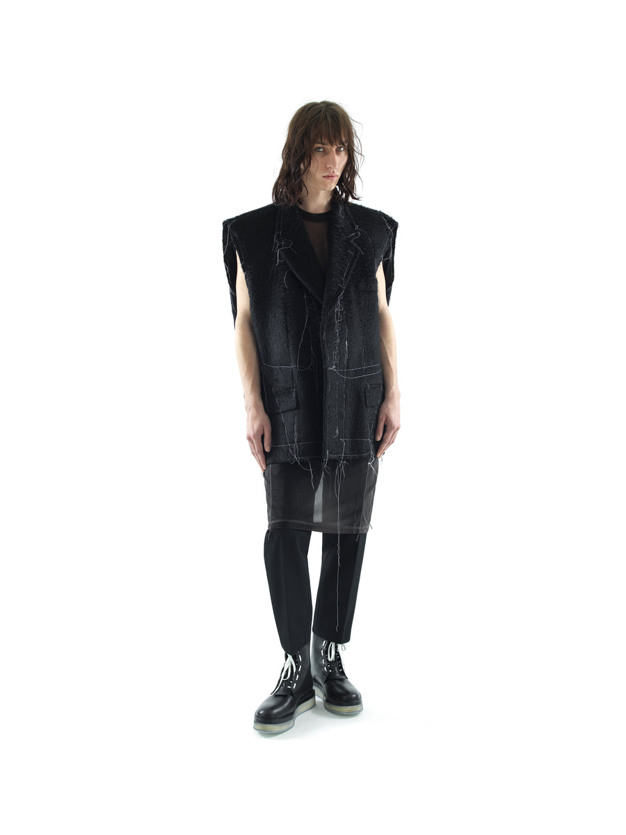 DEMI-FINISHED HAND TAILORED WOOL AND MOHAIR CROP SLEEVELESS COAT — BLACK