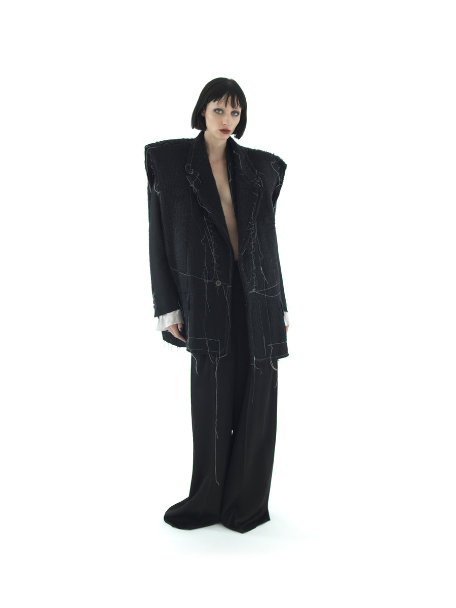 DEMI-FINISHED HAND TAILORED WOOL AND MOHAIR CROP SLEEVELESS COAT — BLACK