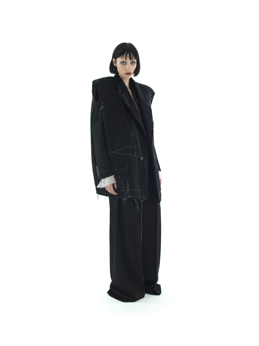 DEMI-FINISHED HAND TAILORED WOOL AND MOHAIR CROP SLEEVELESS COAT — BLACK