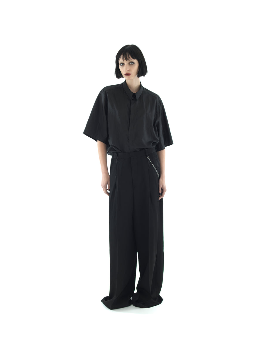 HAND TAILORED BACKLESS SHIRT IN WASHED SILK & NYLON PARACHUTE TOILE — BLACK