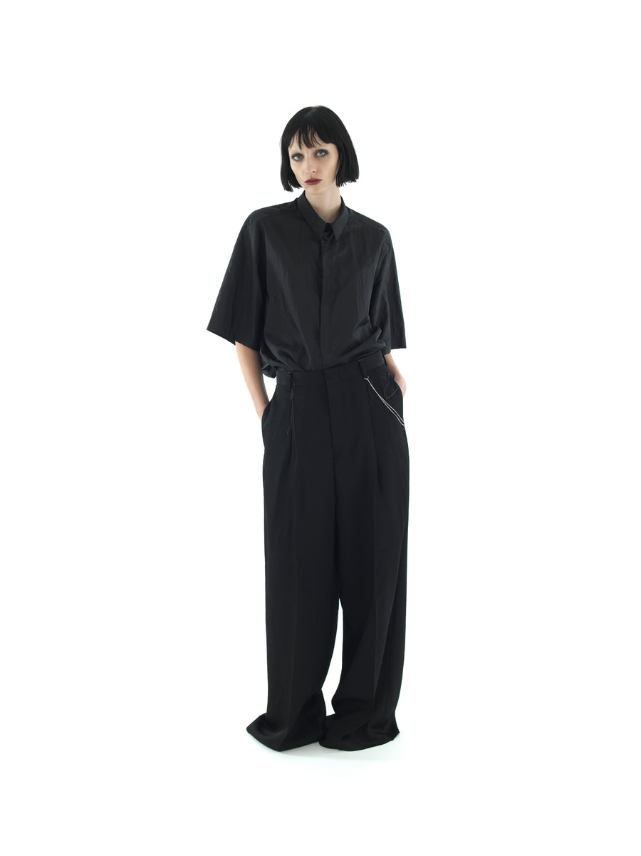 HAND TAILORED BACKLESS SHIRT IN WASHED SILK & NYLON PARACHUTE TOILE — BLACK