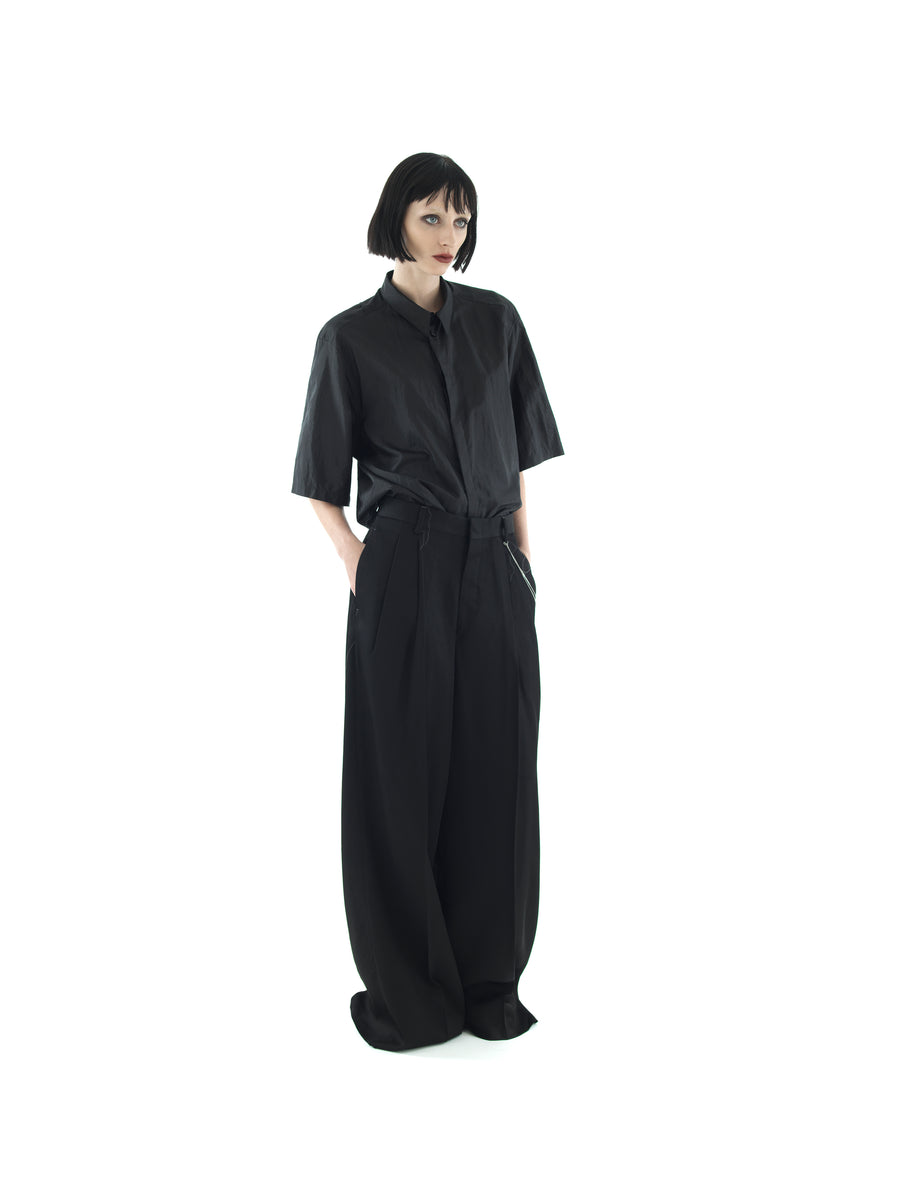 HAND TAILORED BACKLESS SHIRT IN WASHED SILK & NYLON PARACHUTE TOILE — BLACK