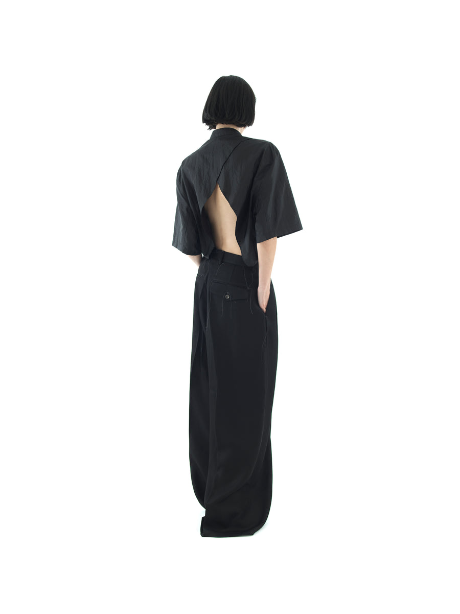 HAND TAILORED BACKLESS SHIRT IN WASHED SILK & NYLON PARACHUTE TOILE — BLACK