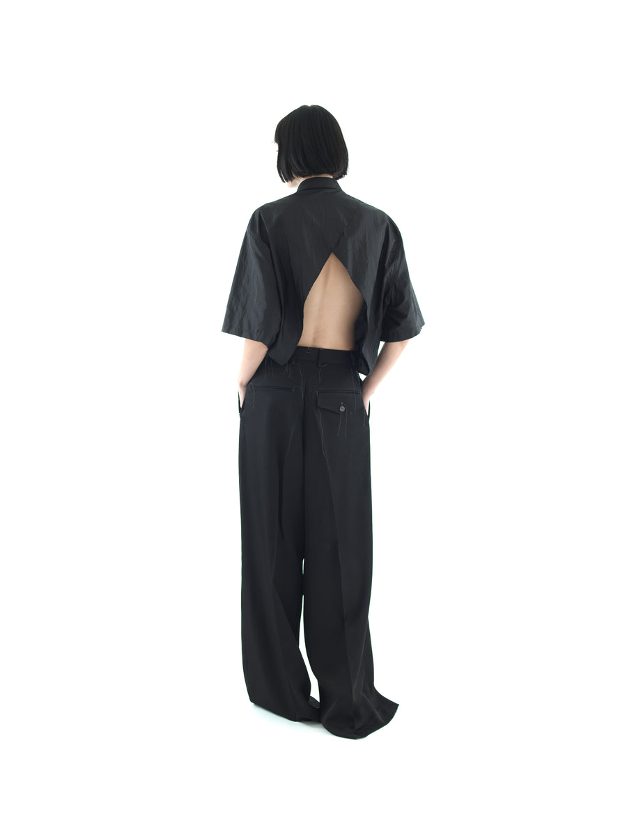 HAND TAILORED BACKLESS SHIRT IN WASHED SILK & NYLON PARACHUTE TOILE — BLACK