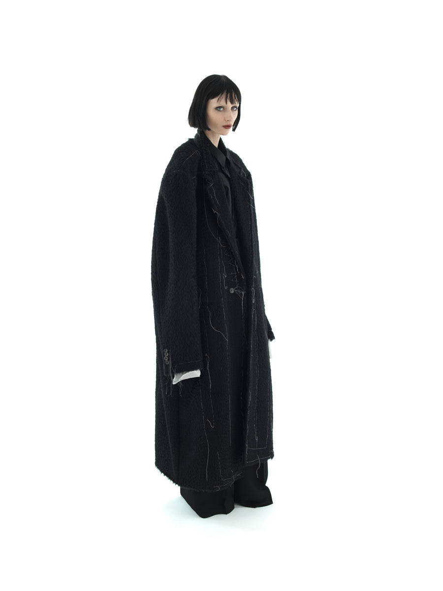 SUPERSIZE DEMI-FINISHED HAND TAILORED WOOL AND MOHAIR COAT — BLACK