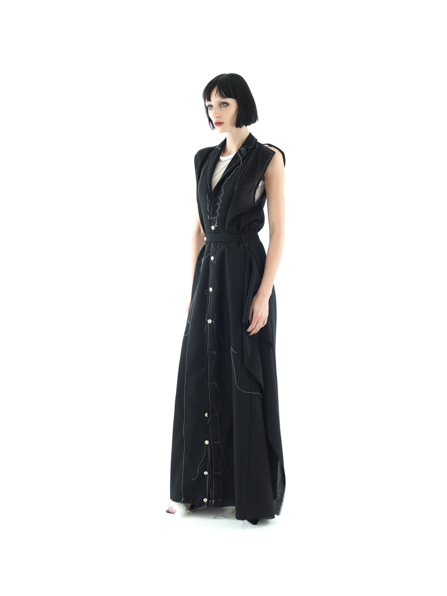 TAILORED TENT DRESS IN BASKET WEAVE CREPE WOOL VOILE — BLACK