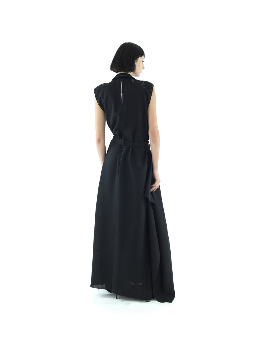 TAILORED TENT DRESS IN BASKET WEAVE CREPE WOOL VOILE — BLACK