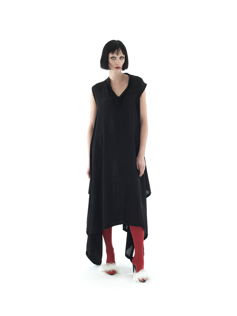 PARACHUTE ASYMMETRIC DRESS IN CRINKLE VISCOSE TWILL — BLACK