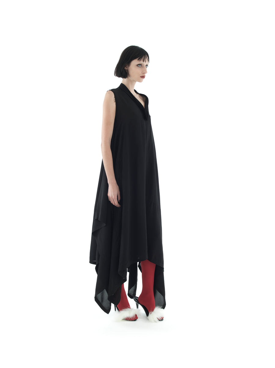 PARACHUTE ASYMMETRIC DRESS IN CRINKLE VISCOSE TWILL — BLACK