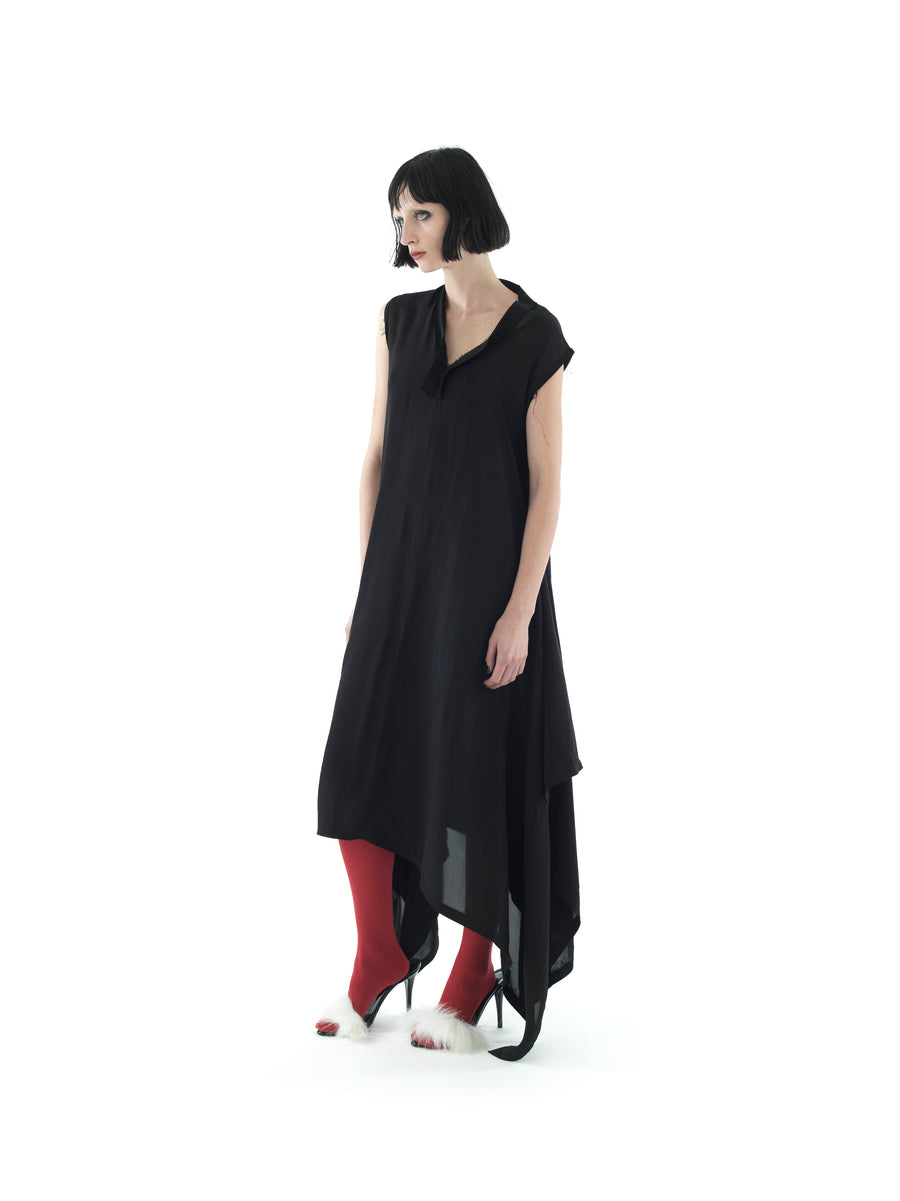 PARACHUTE ASYMMETRIC DRESS IN CRINKLE VISCOSE TWILL — BLACK