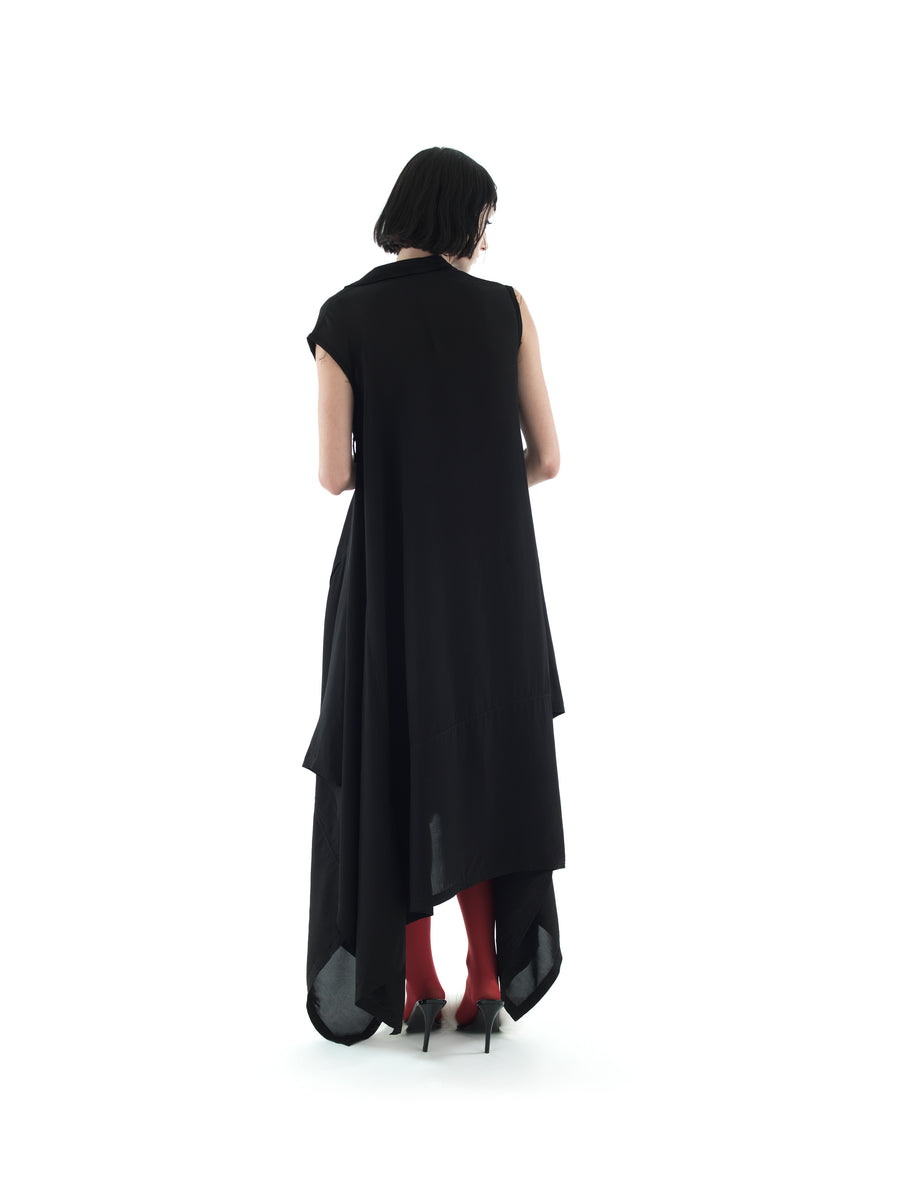 PARACHUTE ASYMMETRIC DRESS IN CRINKLE VISCOSE TWILL — BLACK