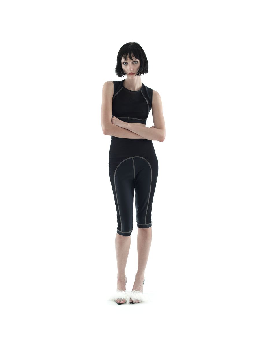 BIKINI JERSEY AND MESH POLYAMIDE BIKER SHORTS — BLACK