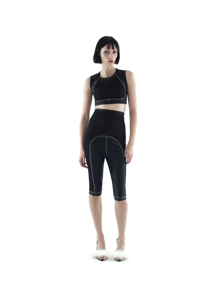 BIKINI JERSEY AND MESH POLYAMIDE BIKER SHORTS — BLACK