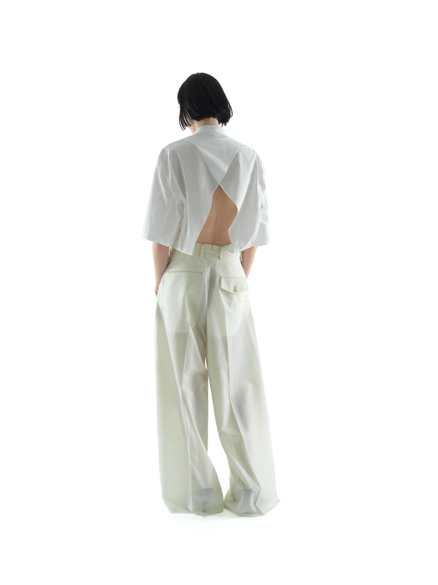 HAND TAILORED BACKLESS SHIRT IN WASHED JAPANESE COTTON RIPSTOP VOILE — CHALK