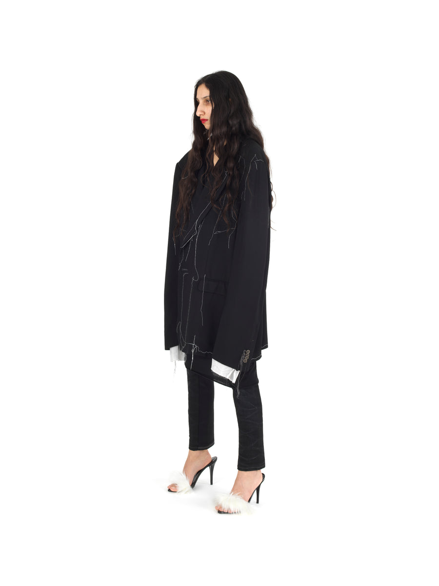 SINGLE BREASTED, OVERSIZE DEMI-FINISHED HAND TAILORED REGIMENT TWILL FLUID VISCOSE BLAZER — BLACK