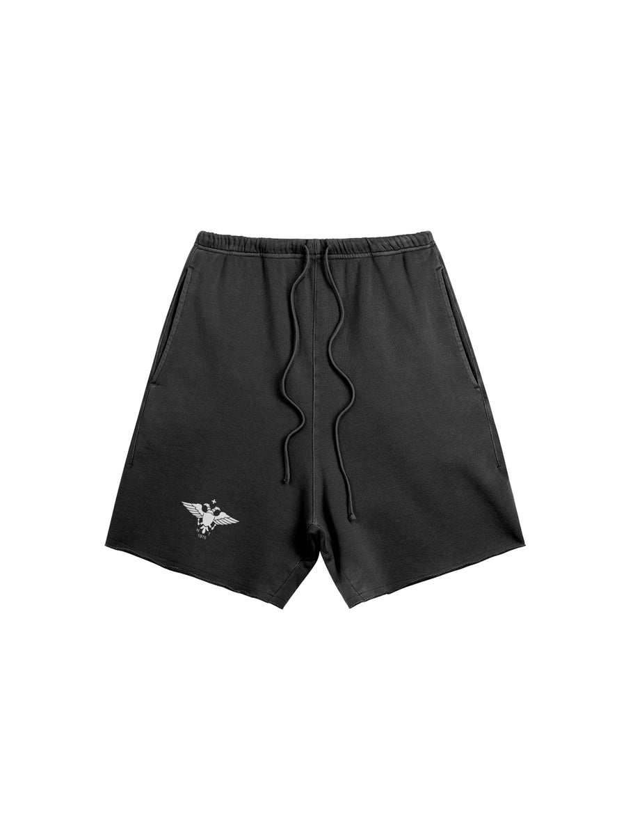 EPIRUS EAGLE SWEATSHORTS IN HEAVY COTTON FRENCH TERRY — BLACK