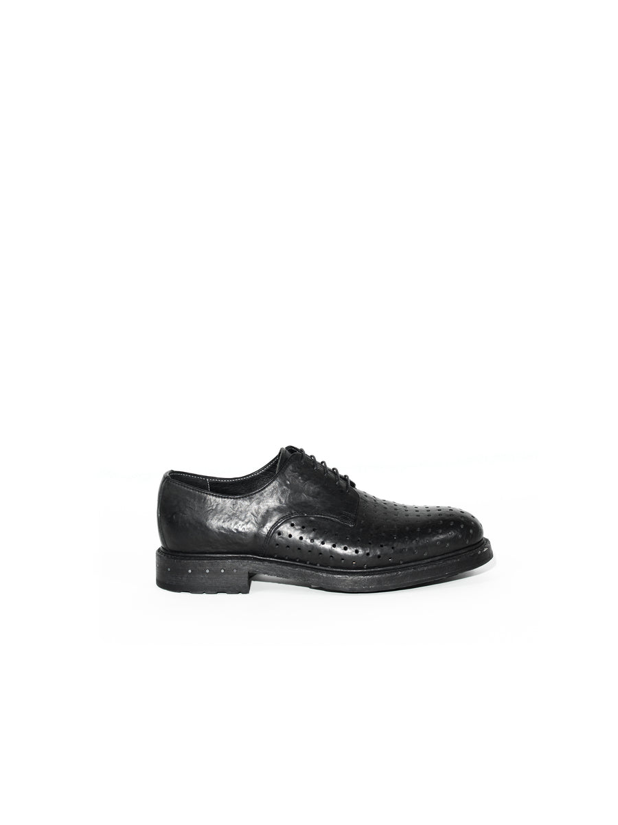 BLOCK HEEL PERFORATED DERBIES — OBJECT WASHED, BLACK