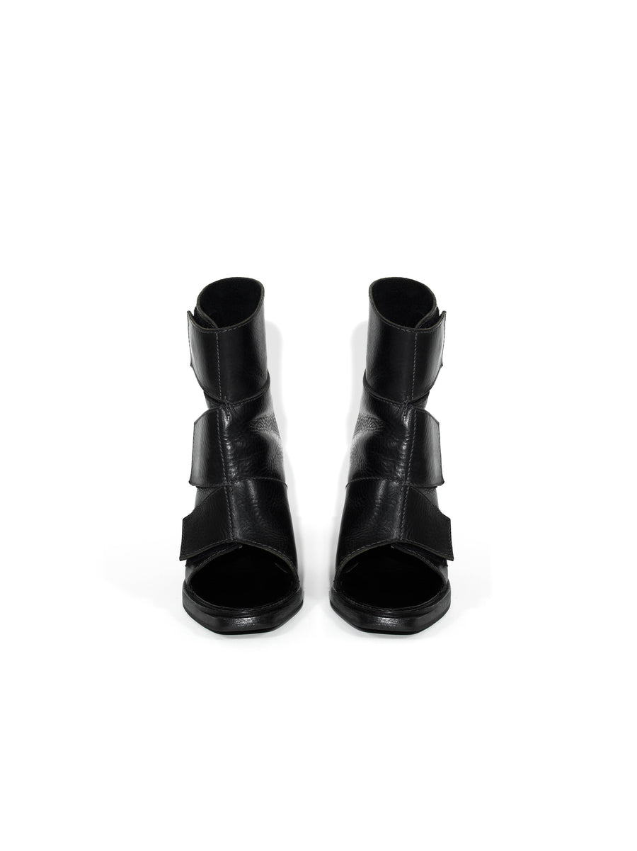 WEDGE HEEL OPEN STRAP SANDAL MINI-PLATEAU BOOTS  — BLACK