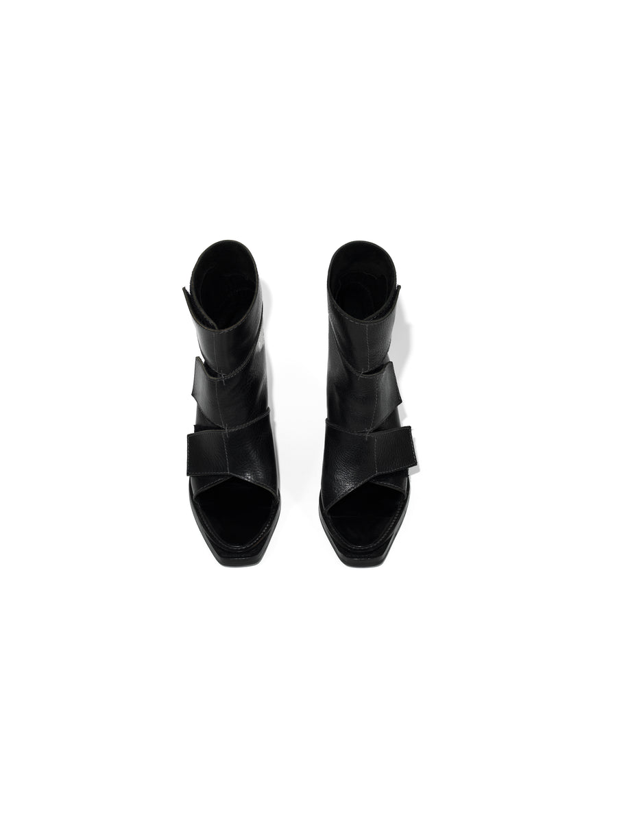 WEDGE HEEL OPEN STRAP SANDAL MINI-PLATEAU BOOTS  — BLACK