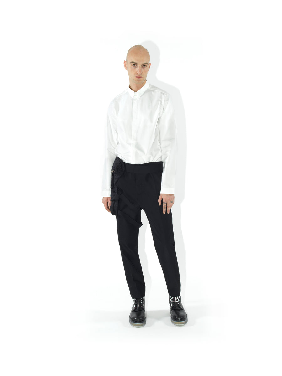 COTTON GABARDINE HIDDEN BUTTON HARD COLLAR DRESS SHIRT — WHITE