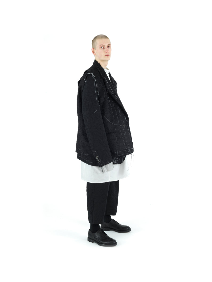 DEMI-FINISHED HAND TAILORED WOOL AND MOHAIR CROP SLEEVELESS COAT — BLACK