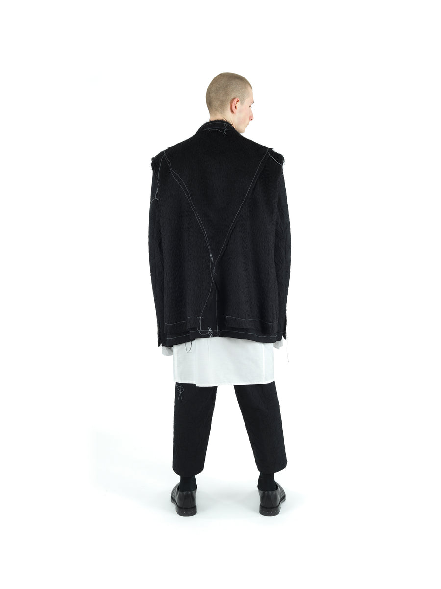 DEMI-FINISHED HAND TAILORED WOOL AND MOHAIR CROP SLEEVELESS COAT — BLACK