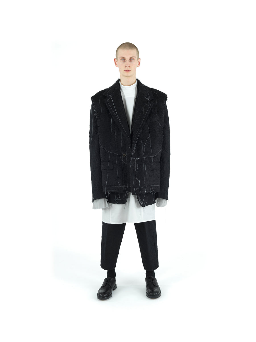 DEMI-FINISHED HAND TAILORED WOOL AND MOHAIR CROP SLEEVELESS COAT — BLACK