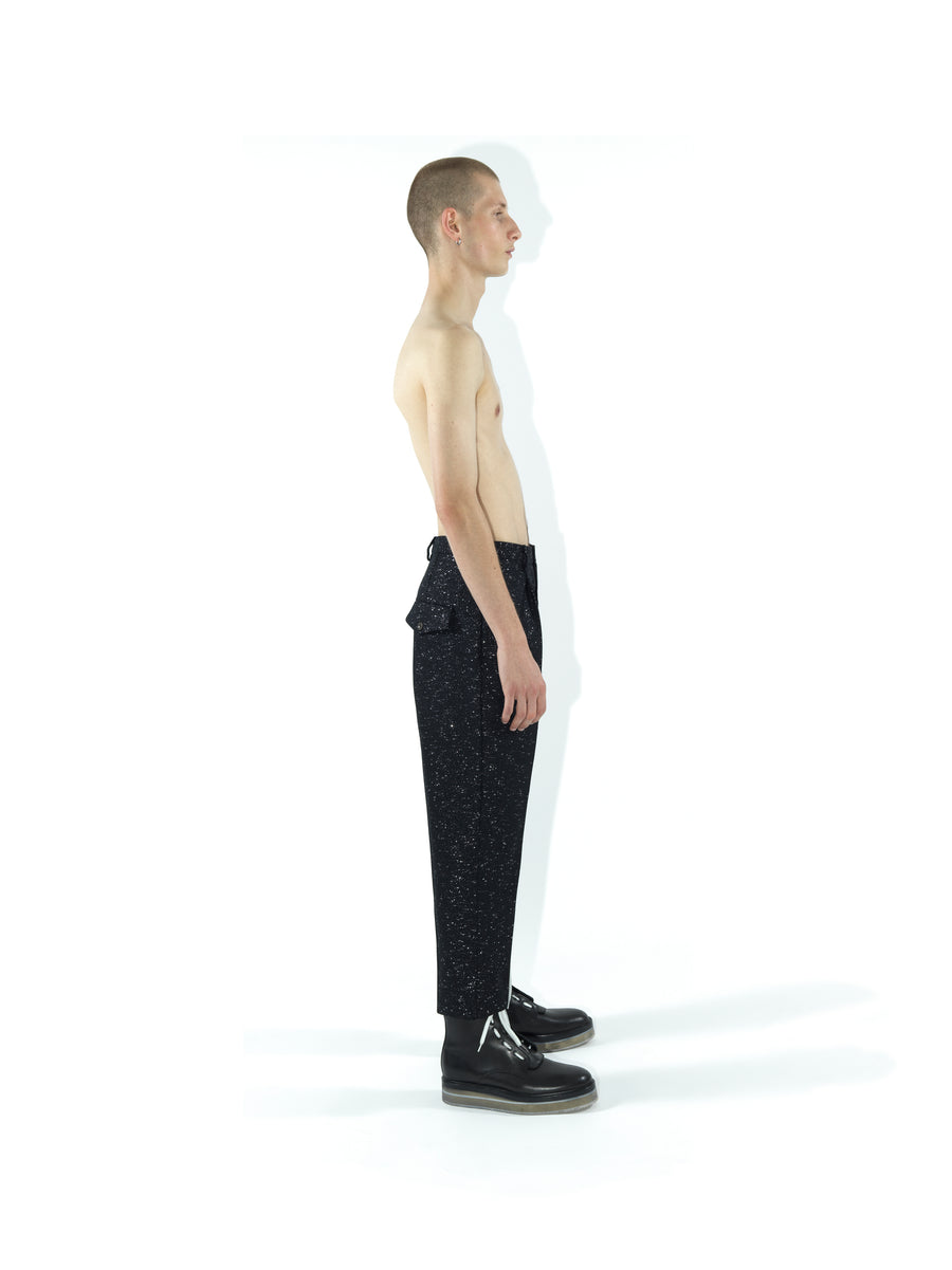 LE25 CARROT FIT, SINGLE PLEAT HAND TAILORED TROUSER IN JAPANESE SILVER TWEED FLANNEL — BLACK / SILVER