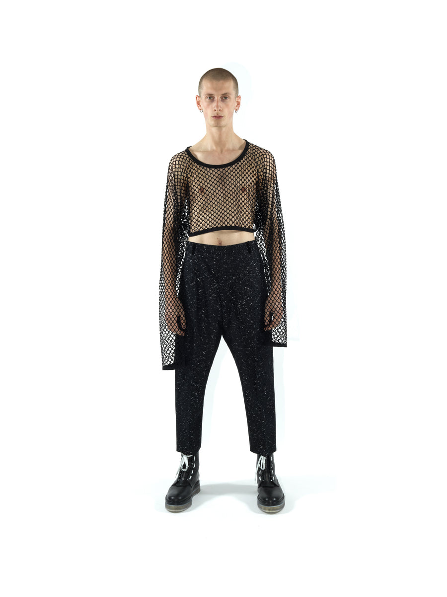 LE25 LONG SLEEVED CROP TOP IN NYLON MESH FABRIC — BLACK