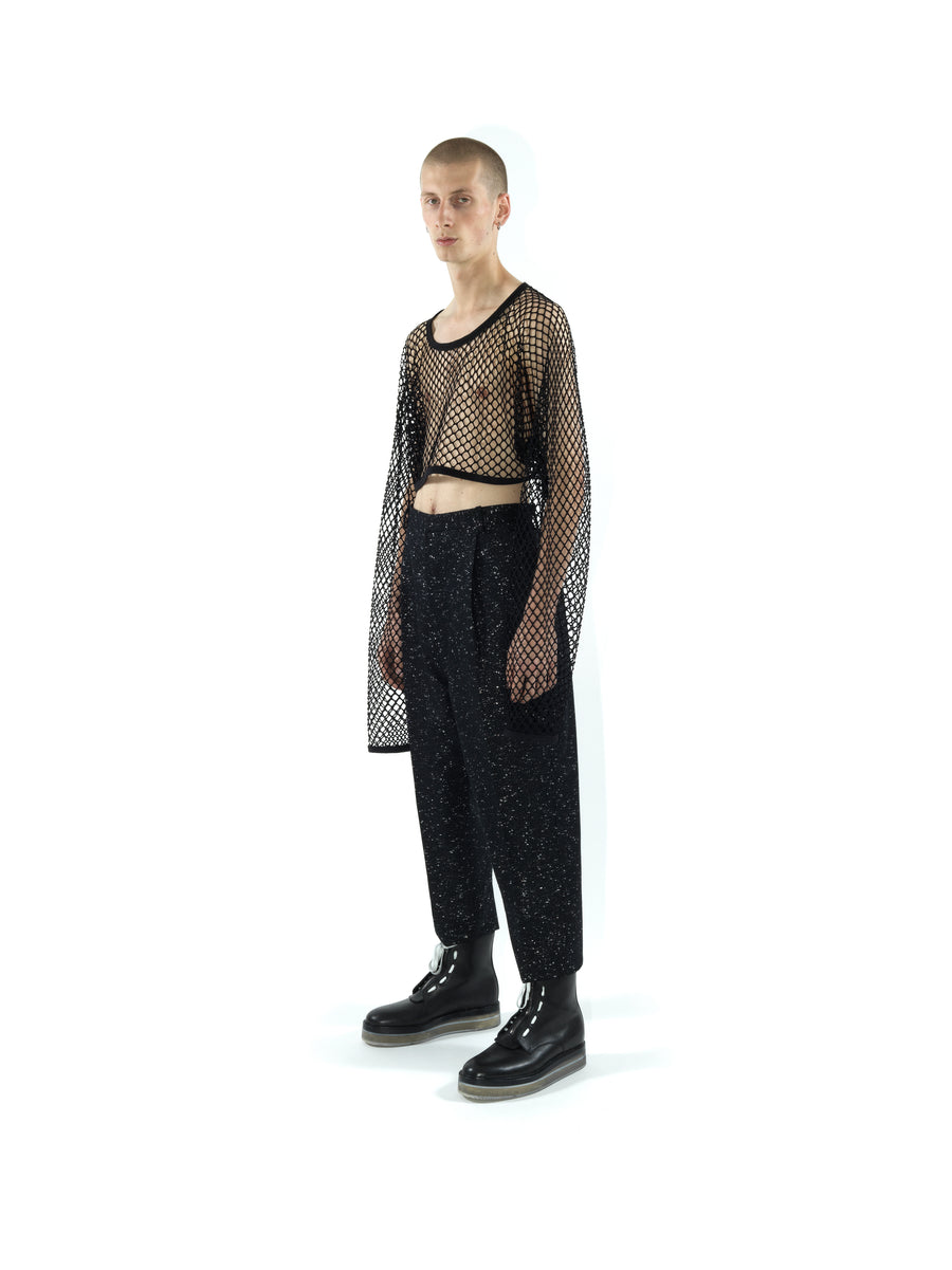 LE25 LONG SLEEVED CROP TOP IN NYLON MESH FABRIC — BLACK