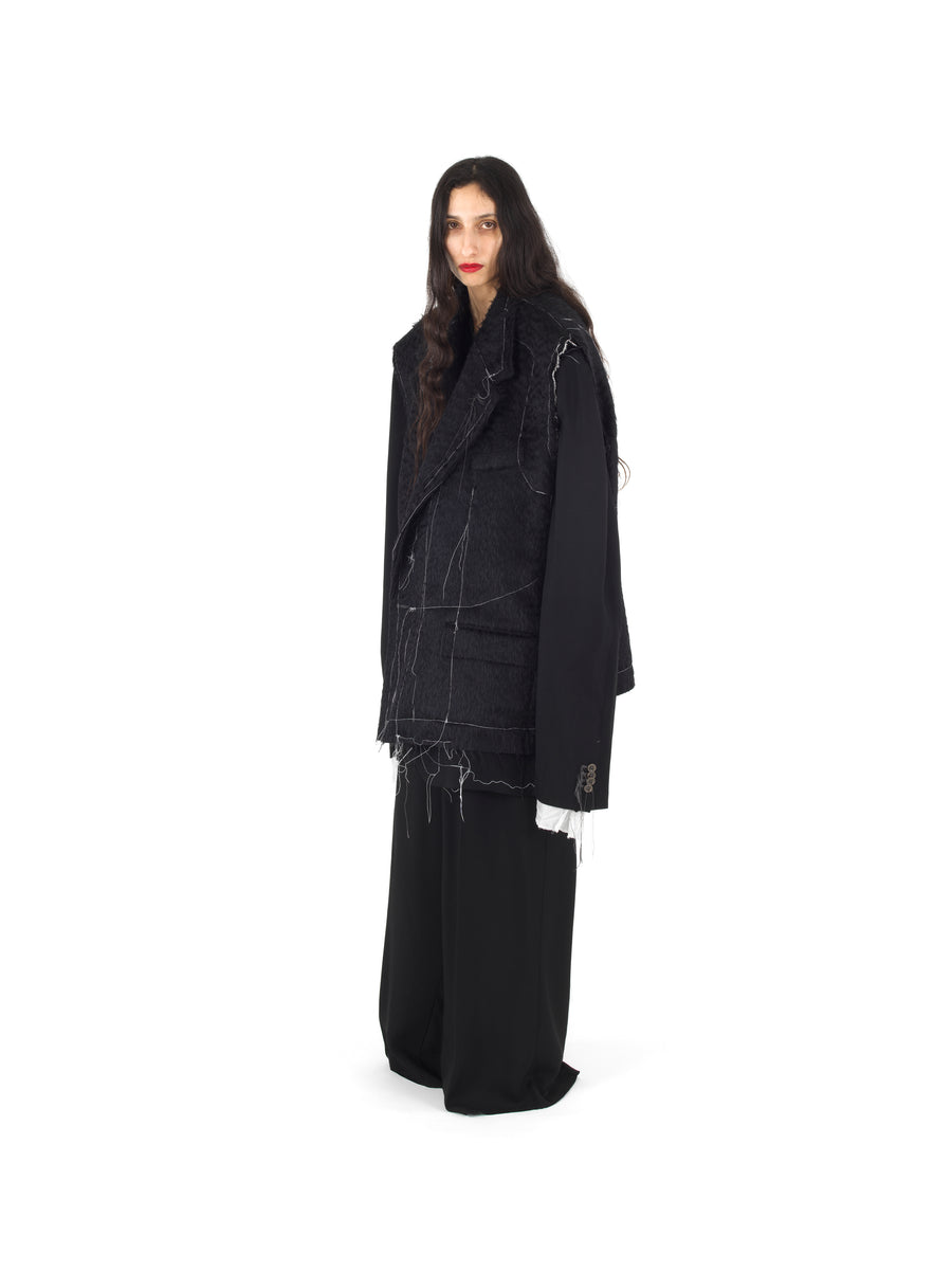 DEMI-FINISHED HAND TAILORED WOOL AND MOHAIR CROP SLEEVELESS COAT — BLACK