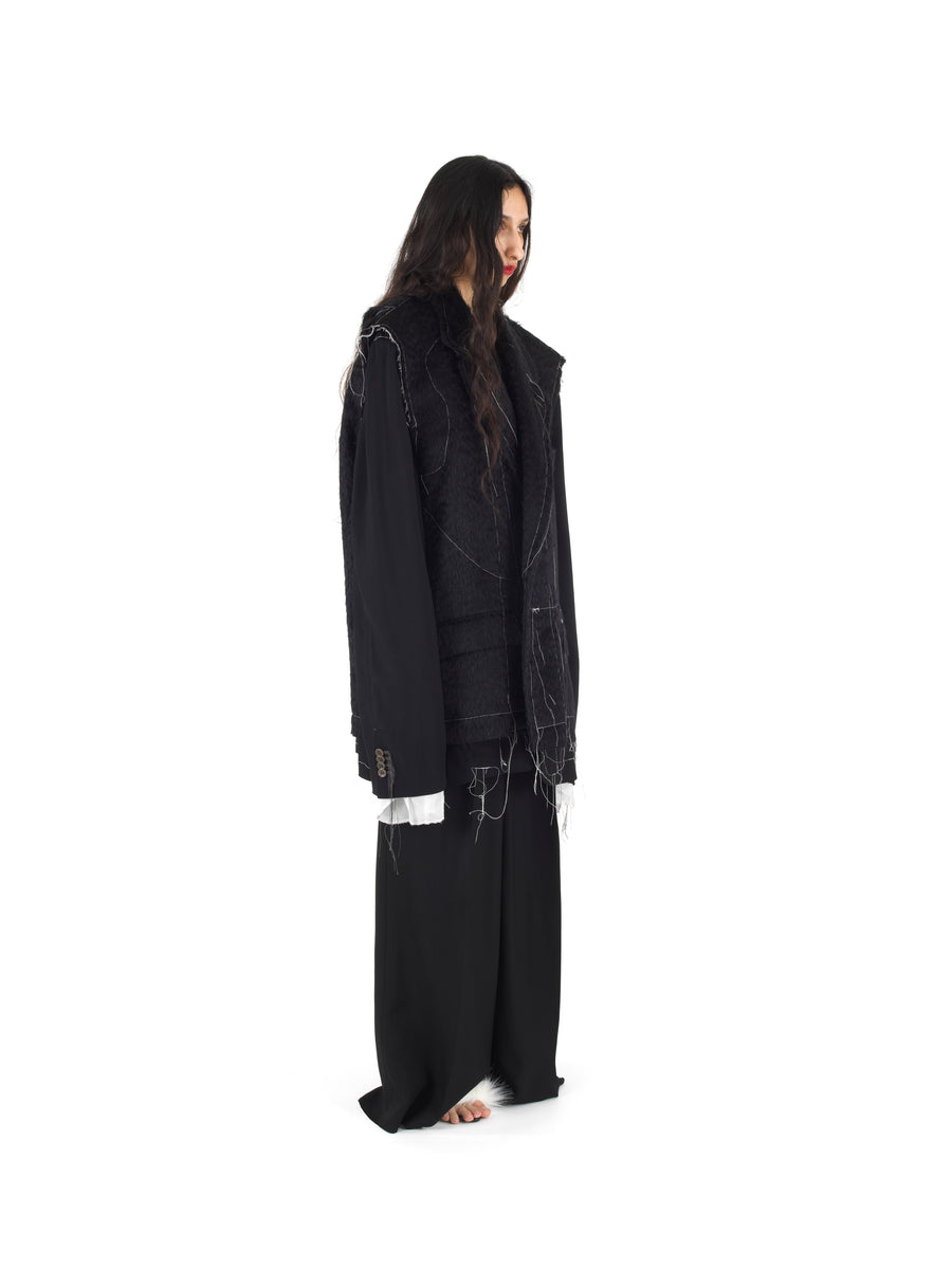 DEMI-FINISHED HAND TAILORED WOOL AND MOHAIR CROP SLEEVELESS COAT — BLACK