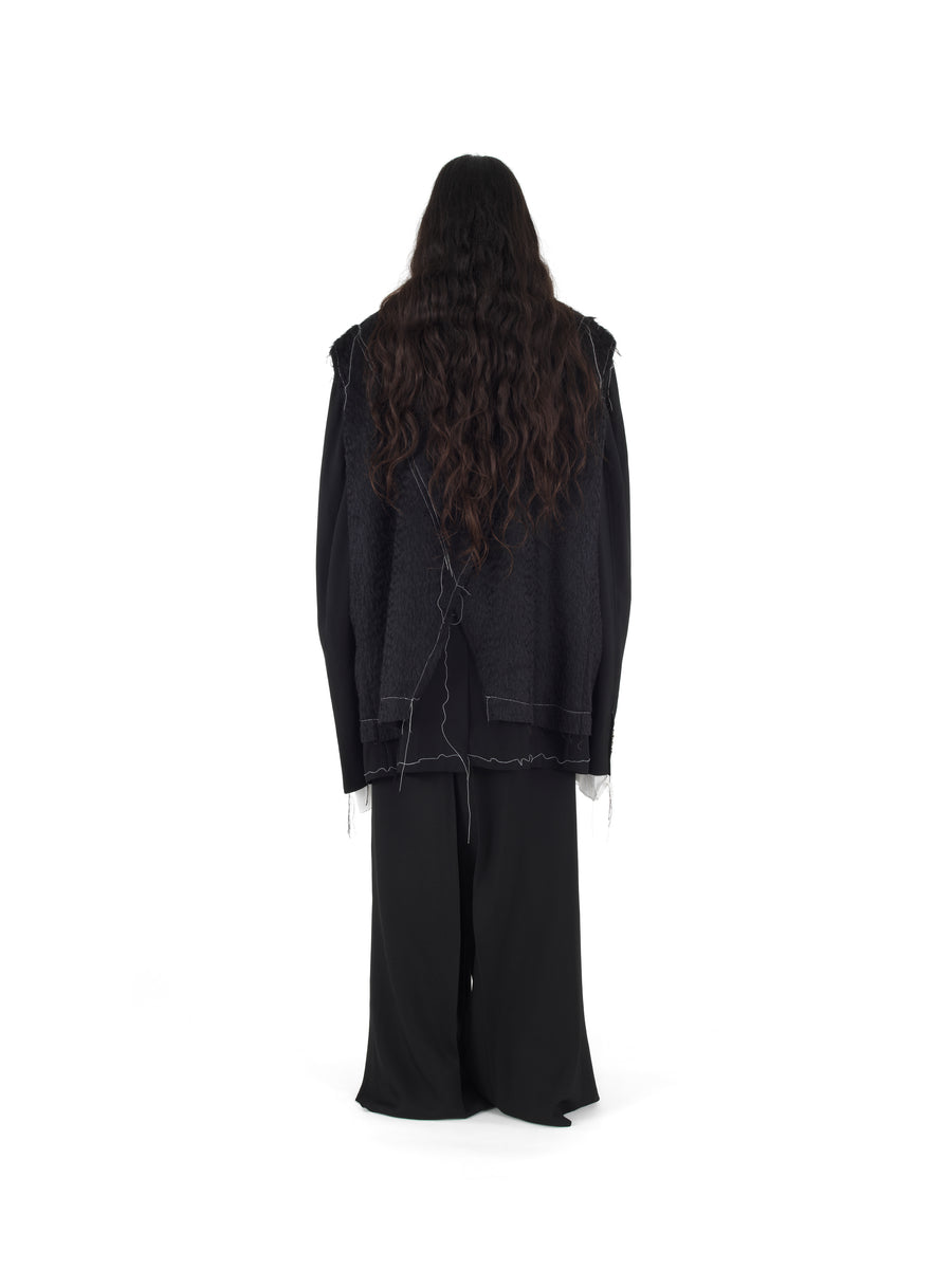 DEMI-FINISHED HAND TAILORED WOOL AND MOHAIR CROP SLEEVELESS COAT — BLACK