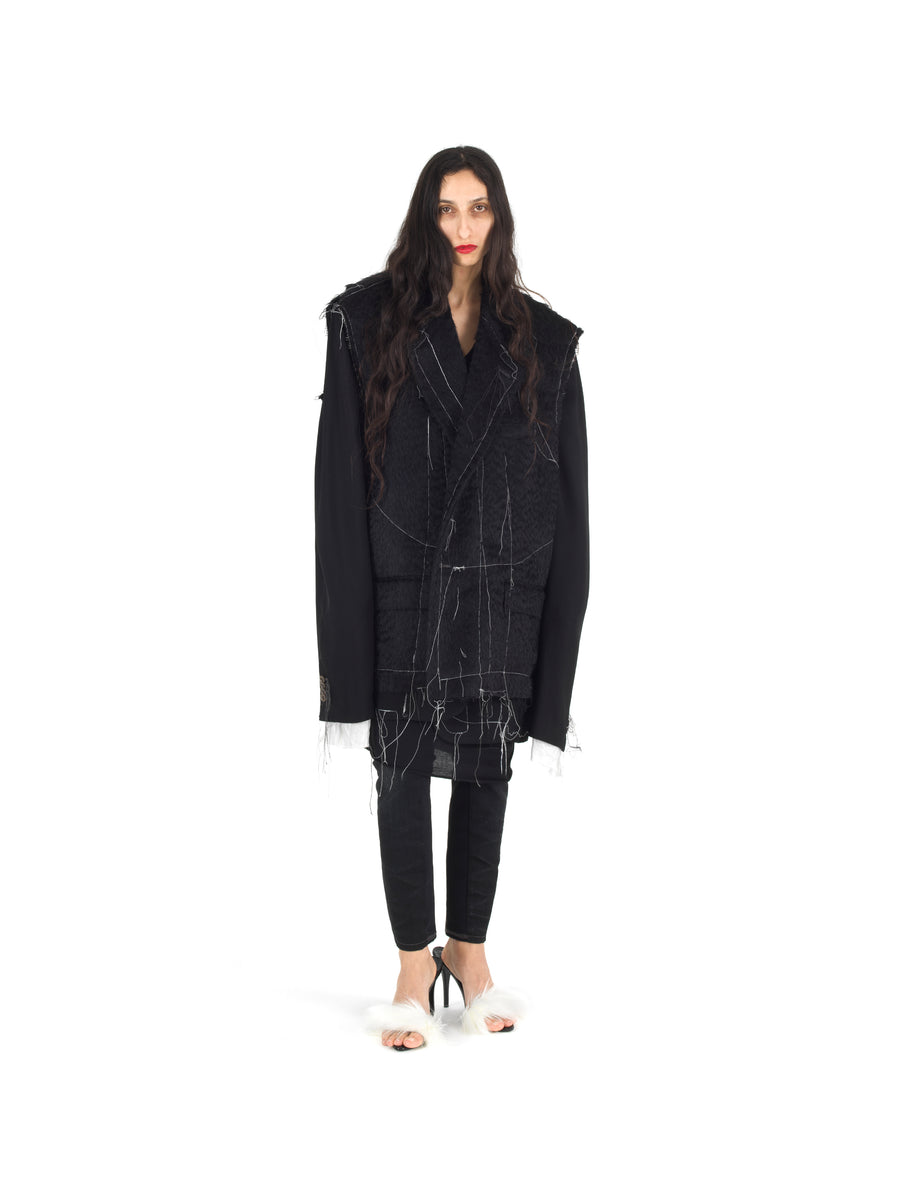 DEMI-FINISHED HAND TAILORED WOOL AND MOHAIR CROP SLEEVELESS COAT — BLACK