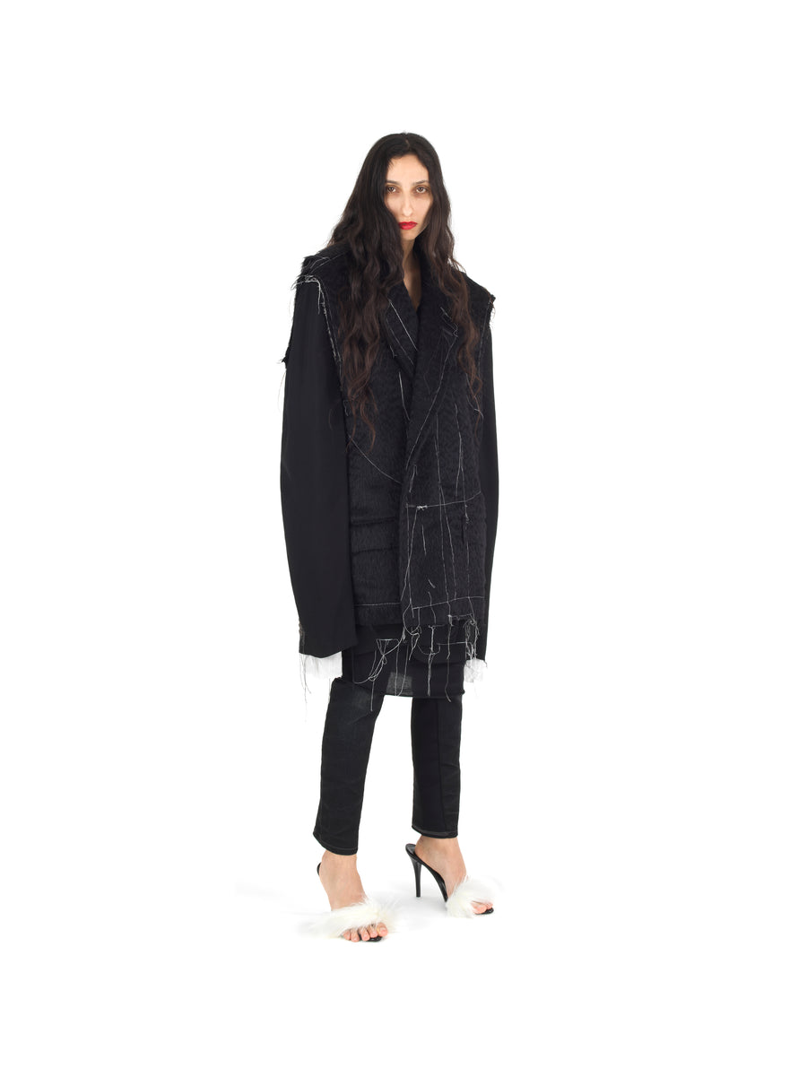 DEMI-FINISHED HAND TAILORED WOOL AND MOHAIR CROP SLEEVELESS COAT — BLACK