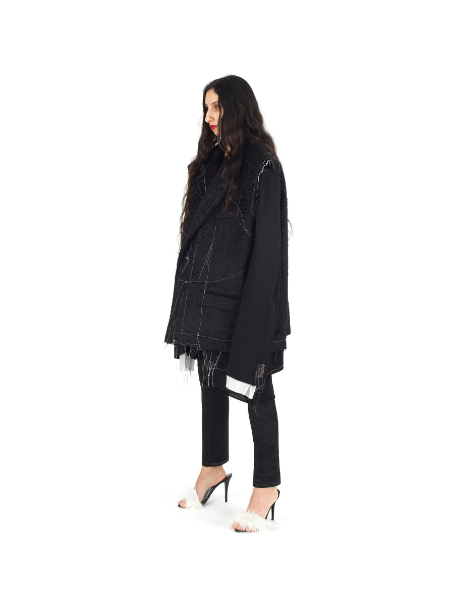 DEMI-FINISHED HAND TAILORED WOOL AND MOHAIR CROP SLEEVELESS COAT — BLACK